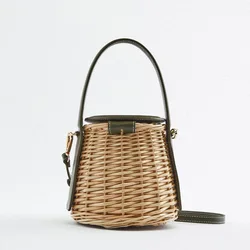 Torebka damska Drowstring torba plażowa ze słomy lato tkane wiadro torby na ramię Crossbody czeski kobieta Handmade Rattan Tote