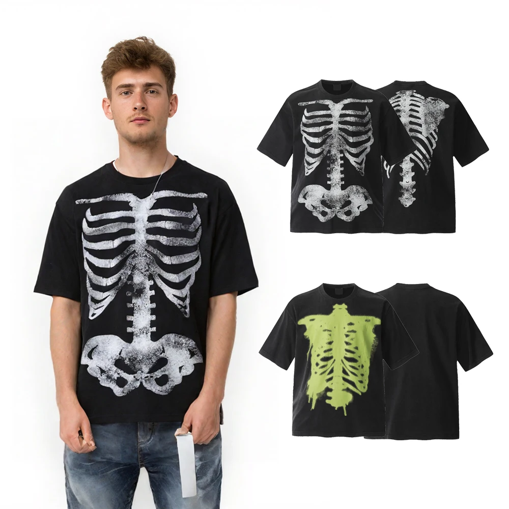 

Summer Tops Men's Clothing Skull Printed Graphic T Shirt Hip-hop Vintage Street Style Casual Cotton Retro Black Short Sleeve Tee