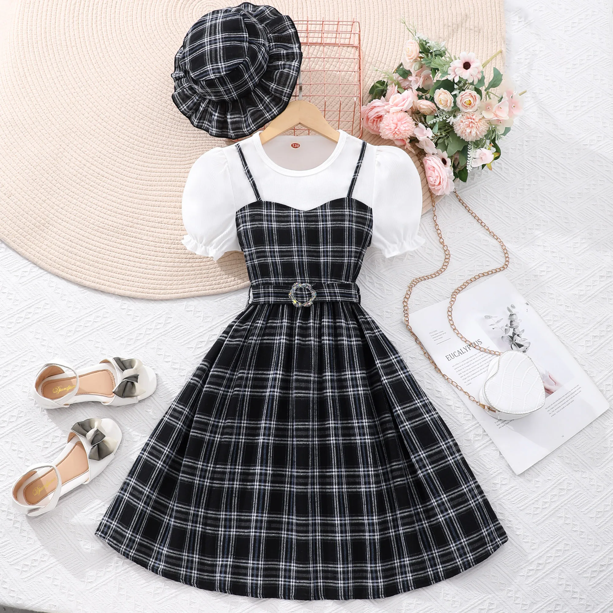 【Free Hat】Checkered Dress Teens Girl Clothes Short Sleeve 8 9 10 11 12 Years Old Summer Casual Freak 2 Pieces Women Clothing Set