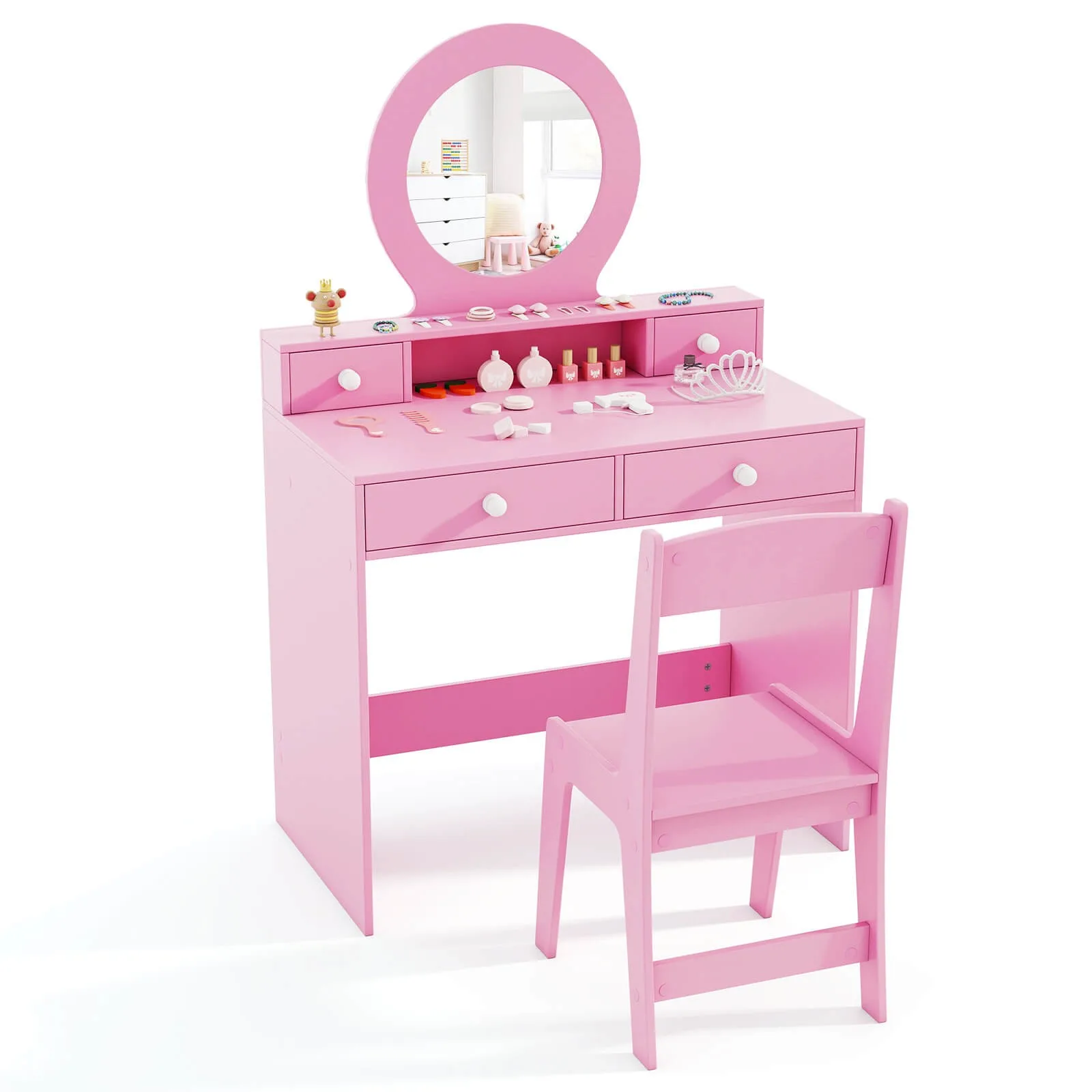Vanity Set Desk and Chair Set with Mirror Open Shelf and 4 Storage Drawers