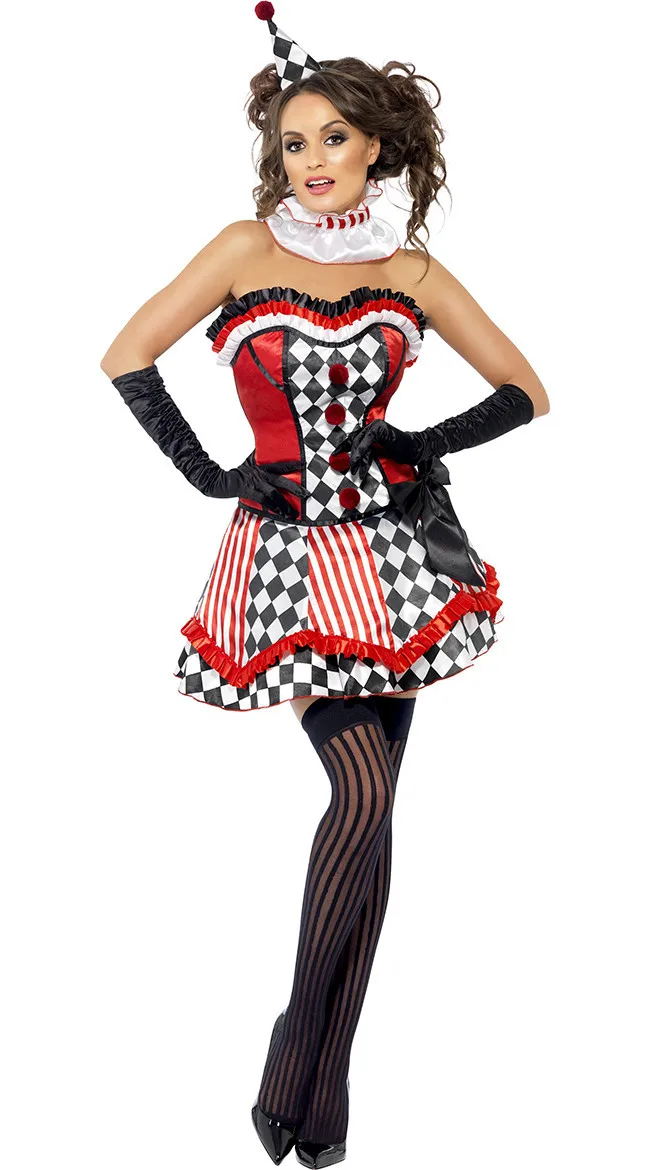 Sexy Women Clown Costume  Clown Red Sleeveless  Halloween Cosplay Fancy Dress