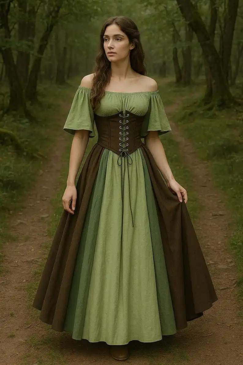 المرأة القرون الوسطى الرجعية المتناقضة اللون سليم فستان محكم من عند الصدر ويتدلى بشكل واسع كلمة واحدة فستان الكتف الحب لايف تأثيري