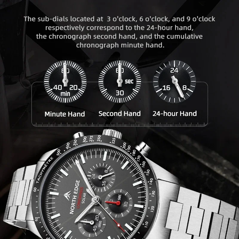 NORTH EDGE New LONGWINGS Men Quartz Watch Solar Powered Stopwatch Waterproof 50M 316 Full Stainless Steel Luminous Pilot Watch