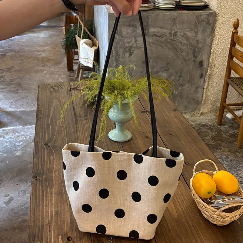 

Korean Polka Dot Linen Tote Bag Lightweight Large Capacity Shoulder Bag Casual Daily Commute Underarm Handbag For Women Shopping