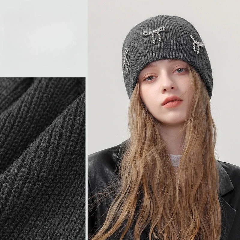 Pearl Bow Knitted Hat for Women in Winter, Solid Color, Cold Proof and Warm Double-layer Ear Protection Woolen Hat