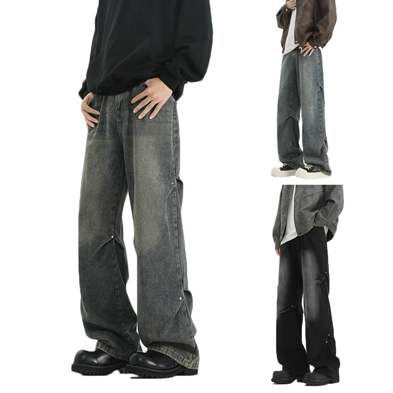

Trendy Straight Jeans Mens High Street Vintage Denim Pants Autumn Old Blue Washed Male Jeans Streetwear Essentials Trousers