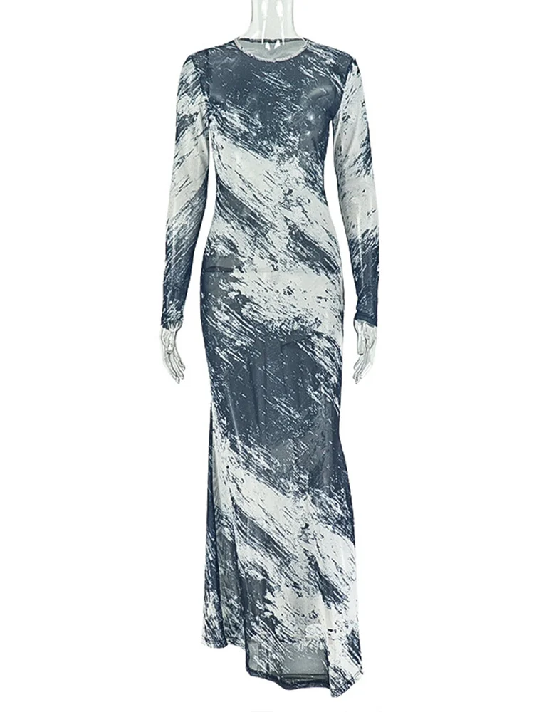 Sukienka z efektem prześwitu, seksowna, z motywem rozprysku tuszu, dekolt okrągły, długi rękaw, obcisła, elastyczna, w stylu coquette, jesienne trendy, vestidos.