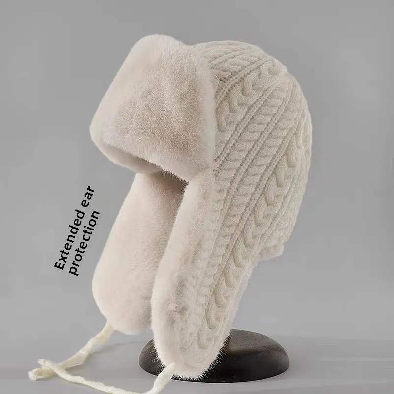 Women's Knit Hat with Extended Ear Flaps - Windproof Winter Cap for Cycling, Korean Style Thickened Tie-Fastened Design