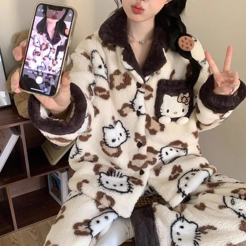 

Sanrio Hello Kitty Women's Print Plush Flannel Pajama Set Autumn Winter Fleece Lined Warm Cozy Cute Home Loungewear Sleepwear