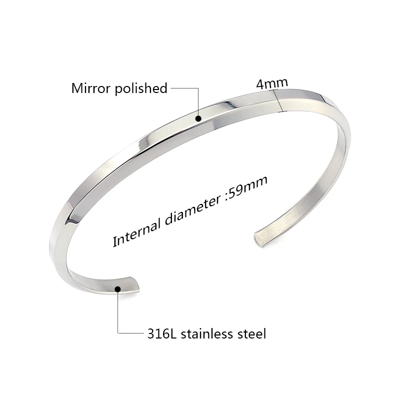 Classic Simple Stainless Steel Bangle Bracelet 4mm Beveled Edge Opening Cuff Bangles Small Silver Gold Color for Women Men