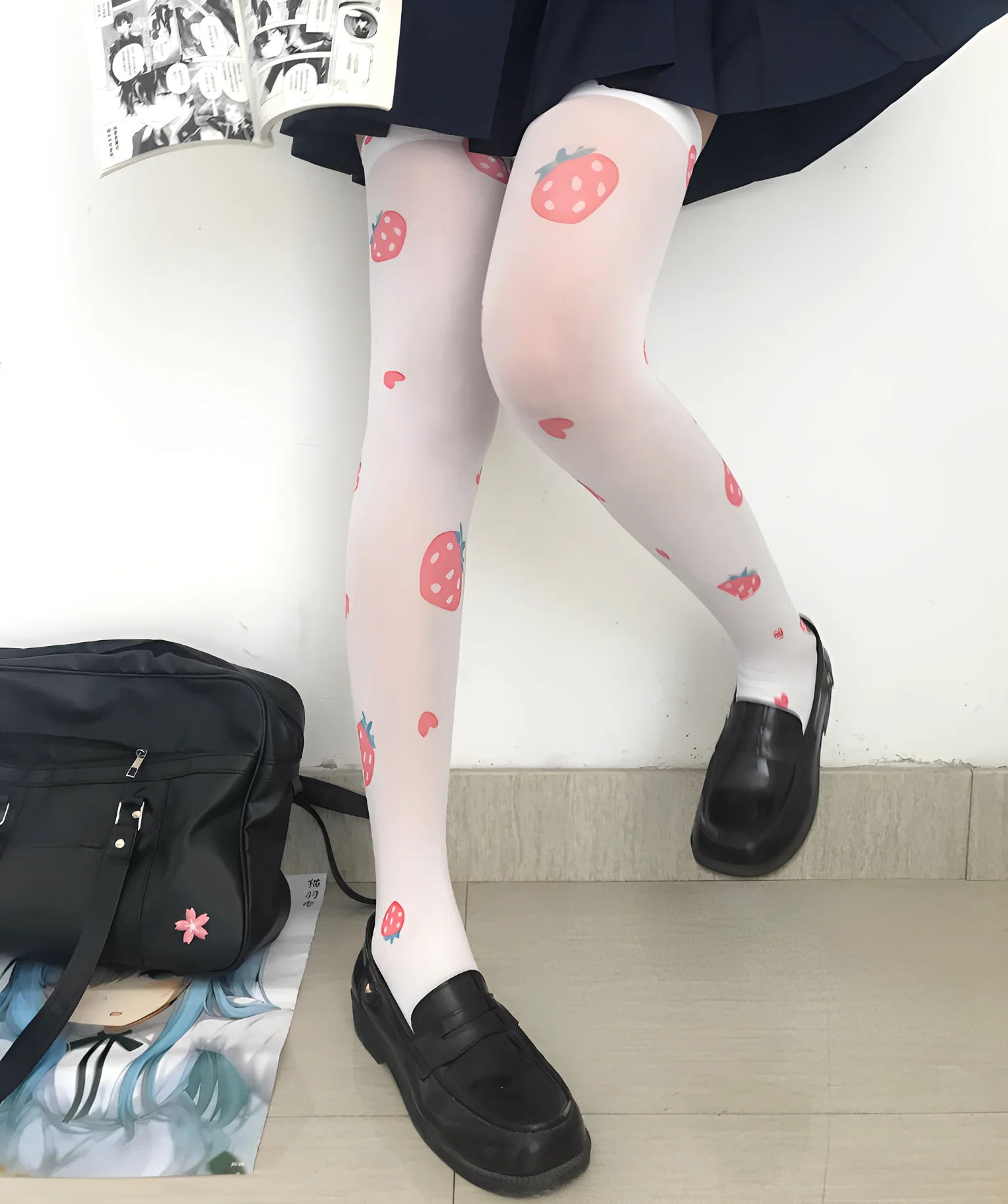 Pink strawberry ladies long stockings fashion Kawaii cute striped love knee stockings Lolita JK stockings cosplay