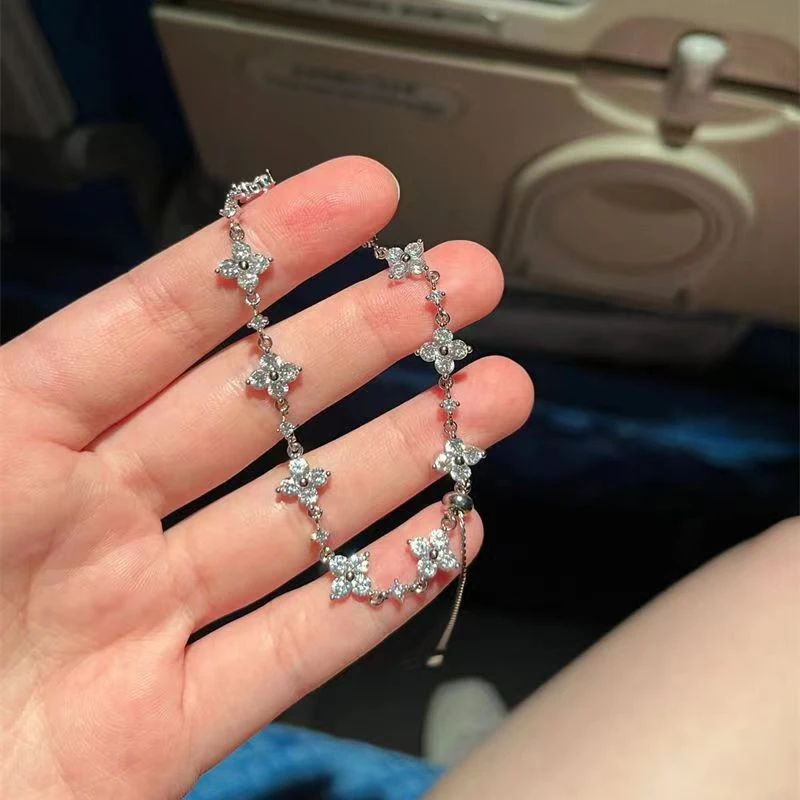 S925 Silver Zircon Bracelets Women Korean Fashion Sweet Girls Sparkling Hollow Delicate Chain Bracelet Party Fine Jewelry Gifts