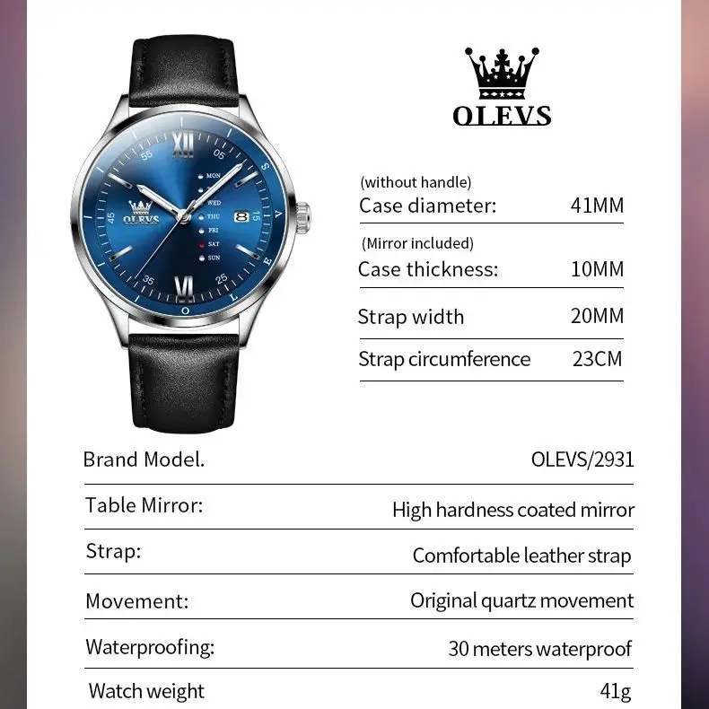 OLEVS 2931 Simple Men\'s Watches Luxury Brand Fashion Quartz Watch For Men Waterproof Luminous Date Clock Leather Strap Men Watch