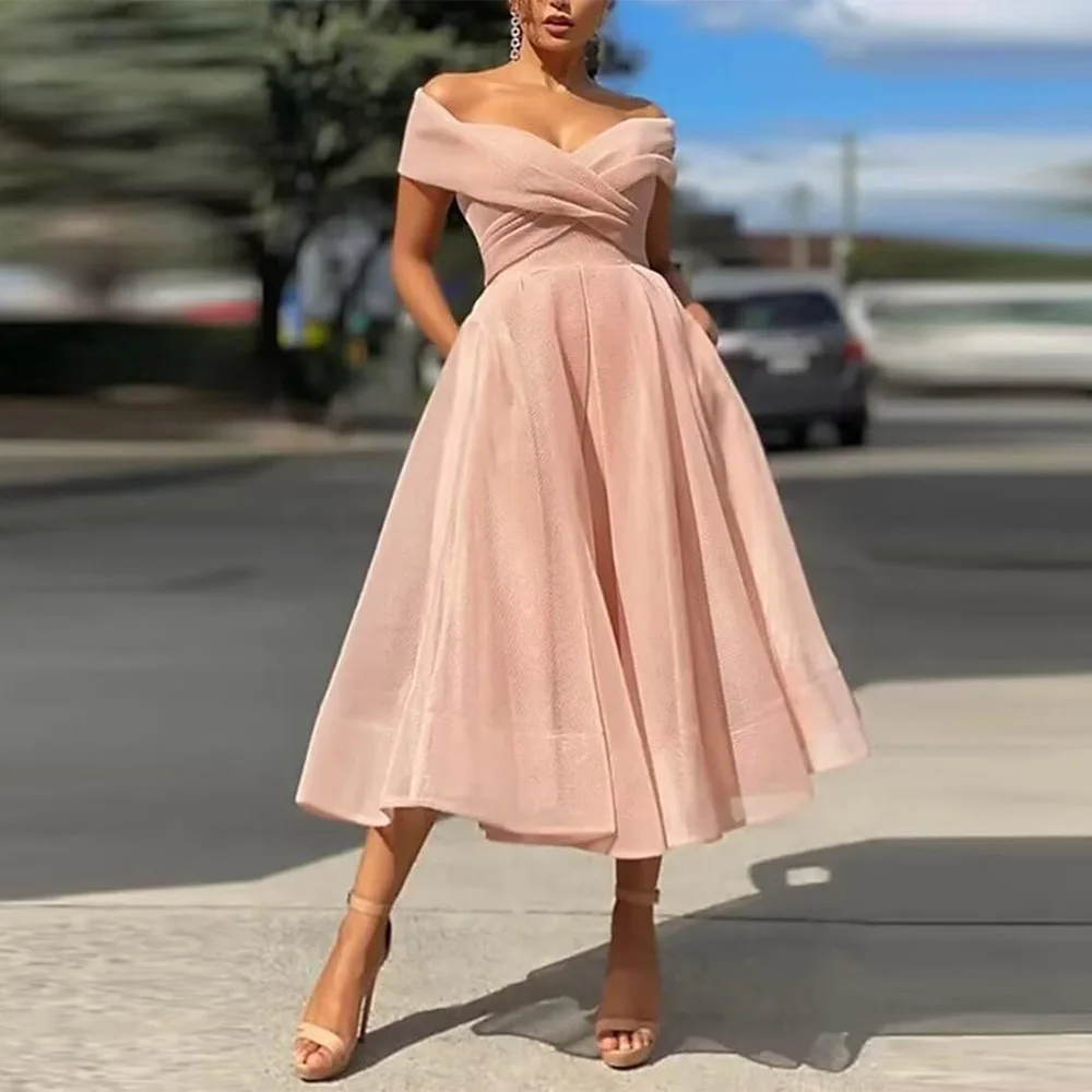 

Customized Exquisite Womens Tulle Tea Length Mother of The Bride Dresses Off Shoulder Wedding Guest Dress Formal Evening Gown