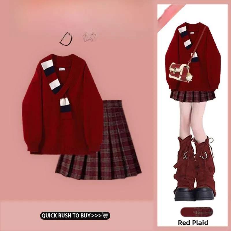 

Korean Sle Red Sweater Plaid Skirt Two Piece Set Autumn Faion Slimming Effect Long Sve V Ne Knitted Wear