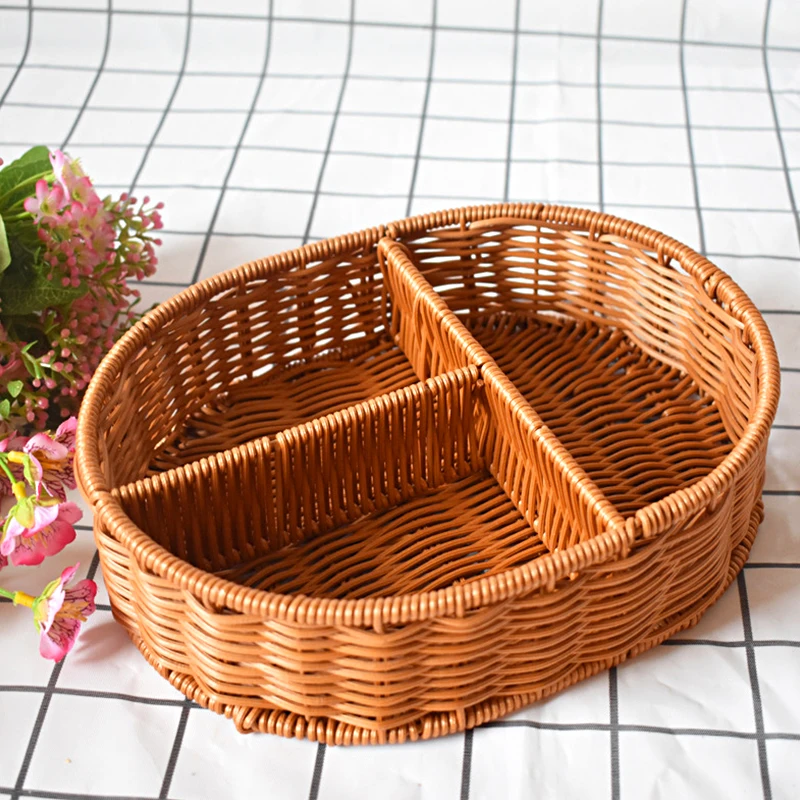 Imitation Rattan Woven Basket Snack Basket Reinforced Storage Basket Bread Basket Fruit Tray Round Three-cell Display Basket