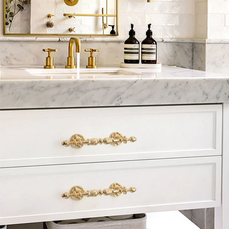 Solid Brass Door Wardrobe Handles Retro Bronze Gold French Cabinet Cupboard Hardware Kitchen Drawer Pulls Furniture Handles