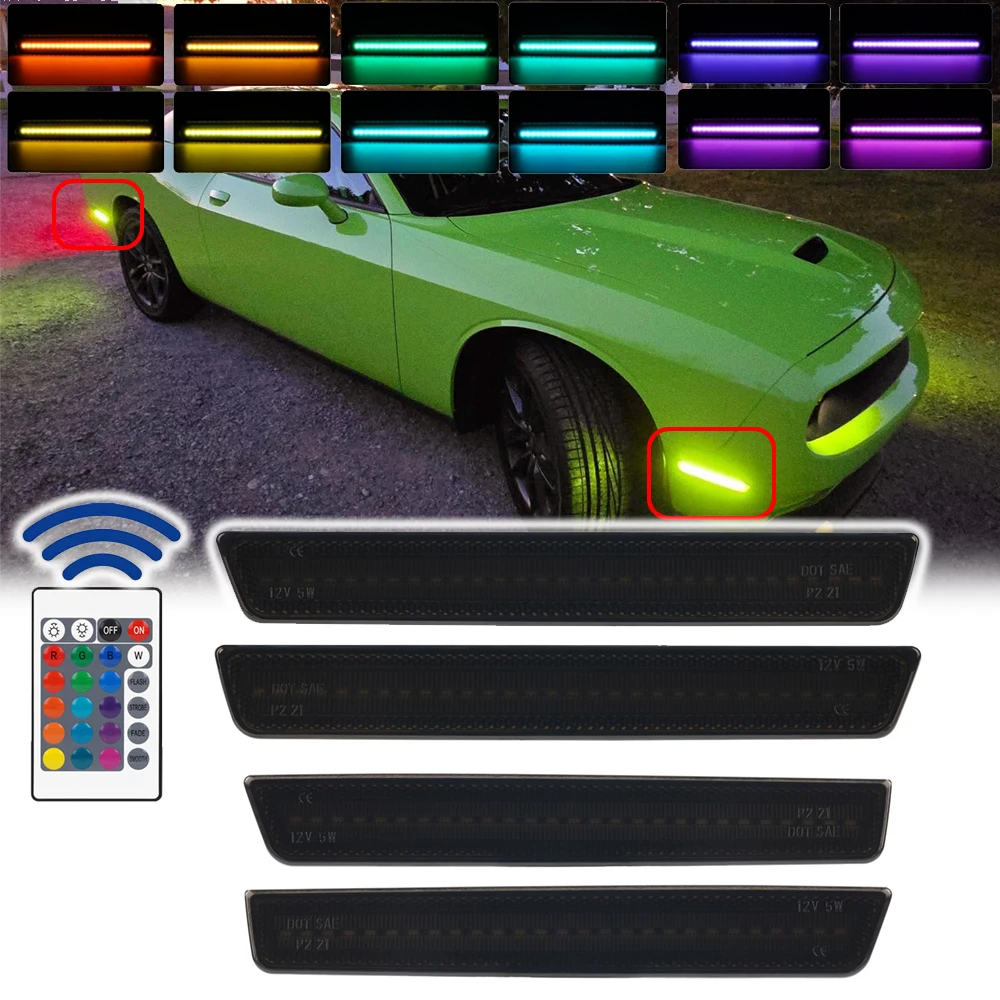

Для Dodge Challenger 2015-2023: передние и задние светодиодные боковые габаритные огни с динамическим указателем поворота, многоцветные RGB, OEM # 68195797AB