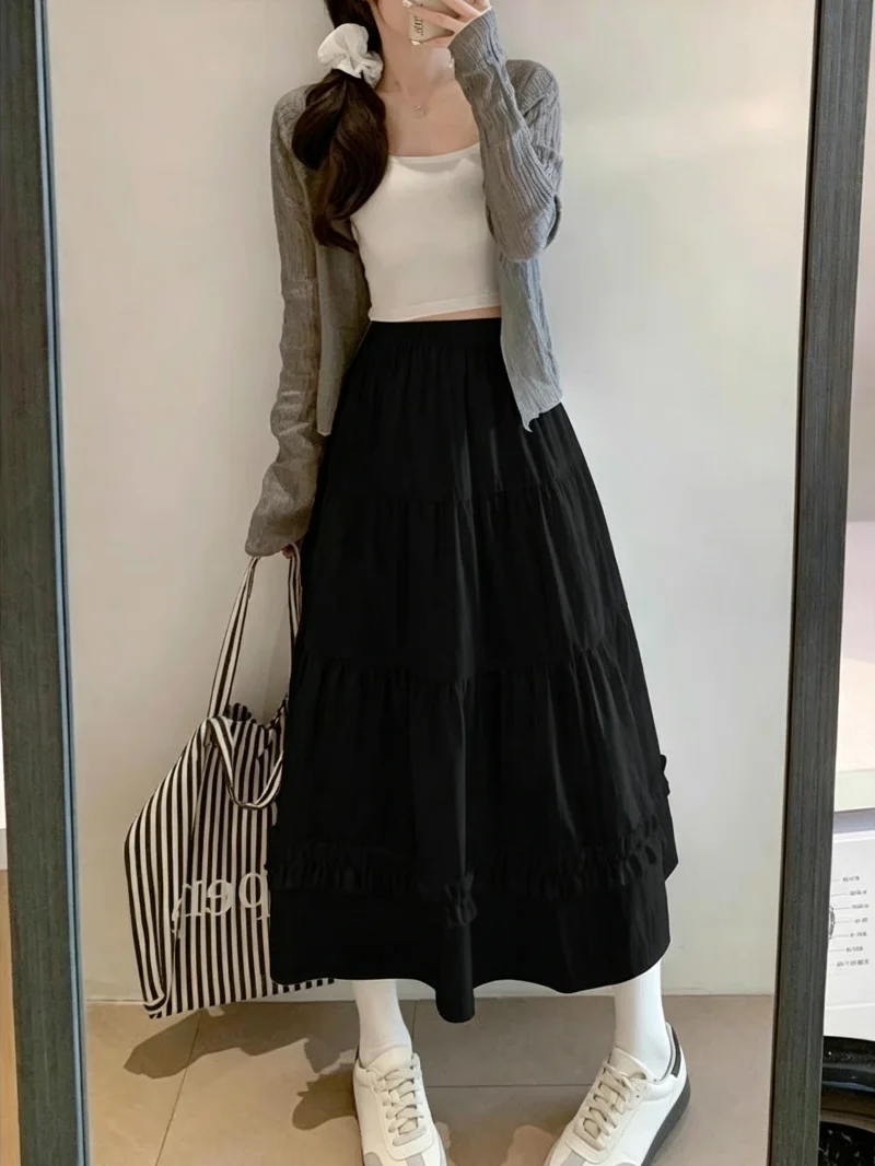 2026 Spring Summer Korean Style Tiered Ruffle Fringe Midi Skirt Women Elastic Waist A Line Versatile Design Half Skirt