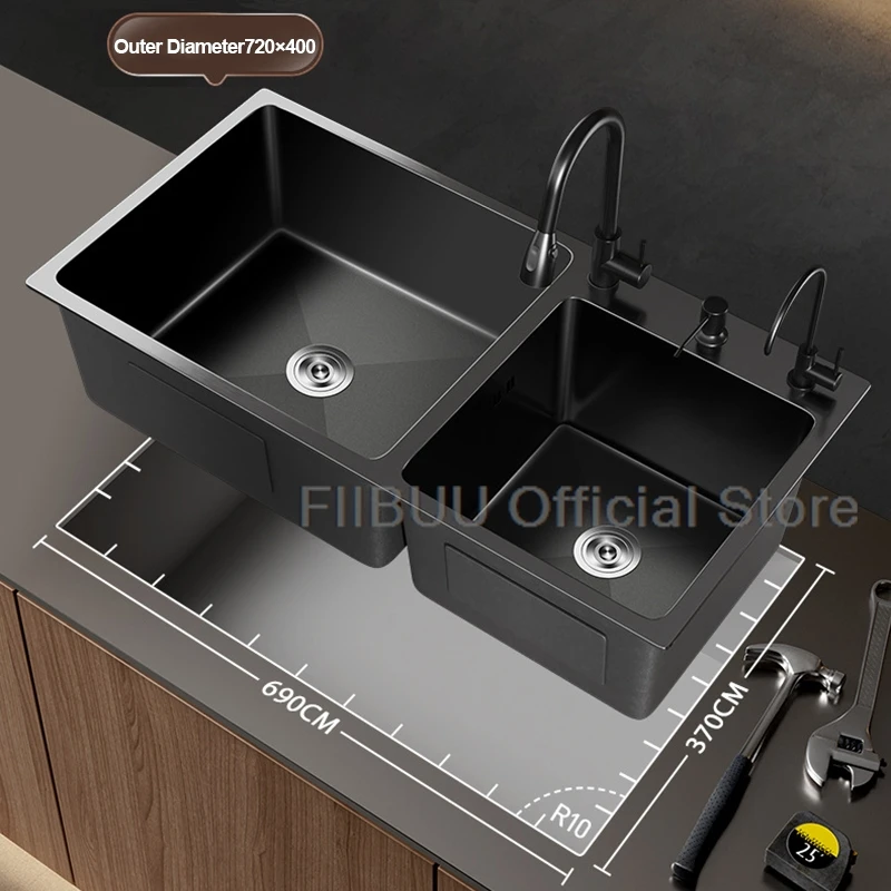 Black Stainless Steel Kitchen Sink Large Capacity Double Sink Thickened Handmade Workstation With Faucet And Telescopic Basket