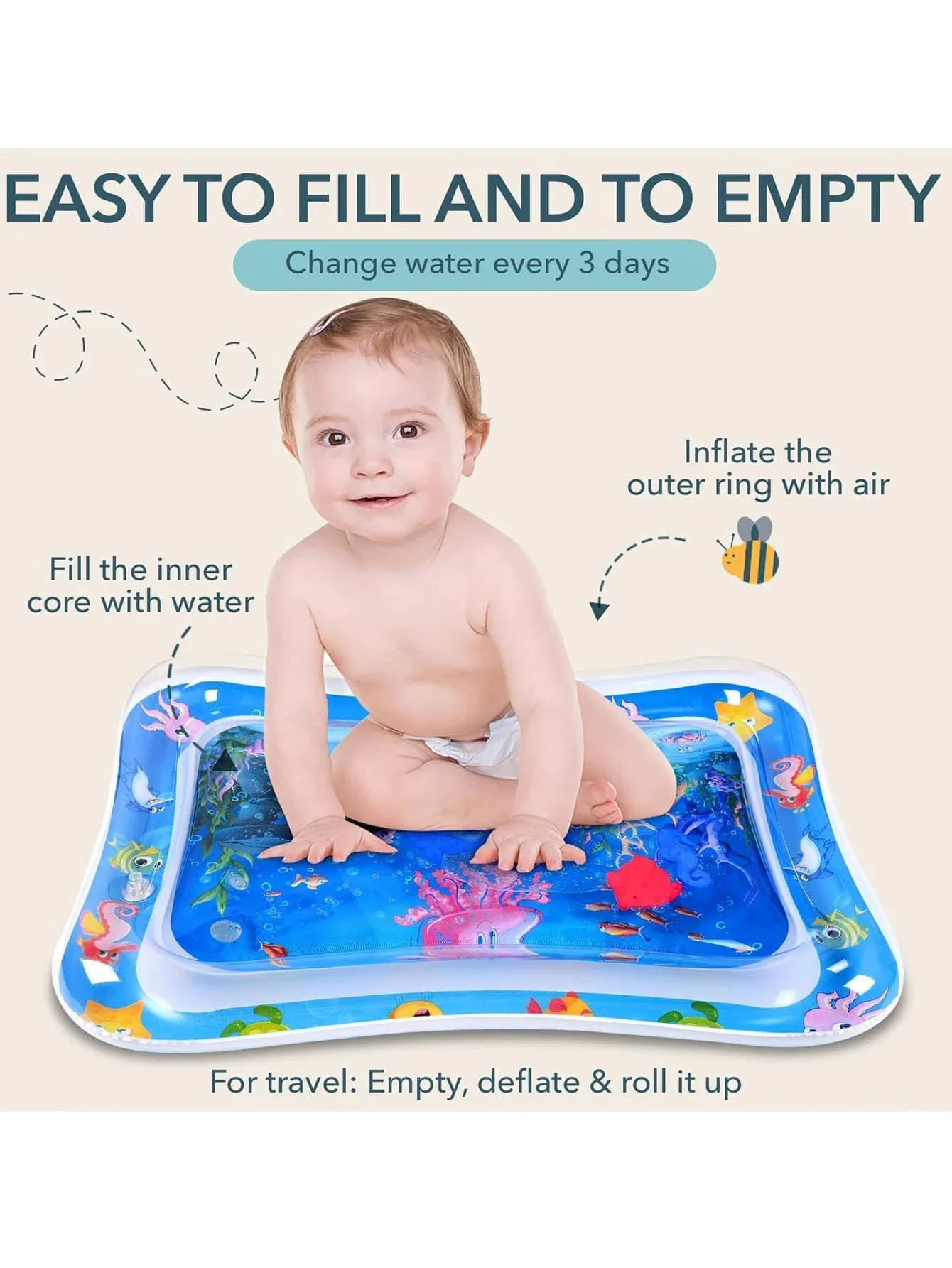 1Pc kids Water Filled Game Mat Inflatable Tummy time Water Mat for Infants and Toddlers Fun time Play Activity Crawling Pad