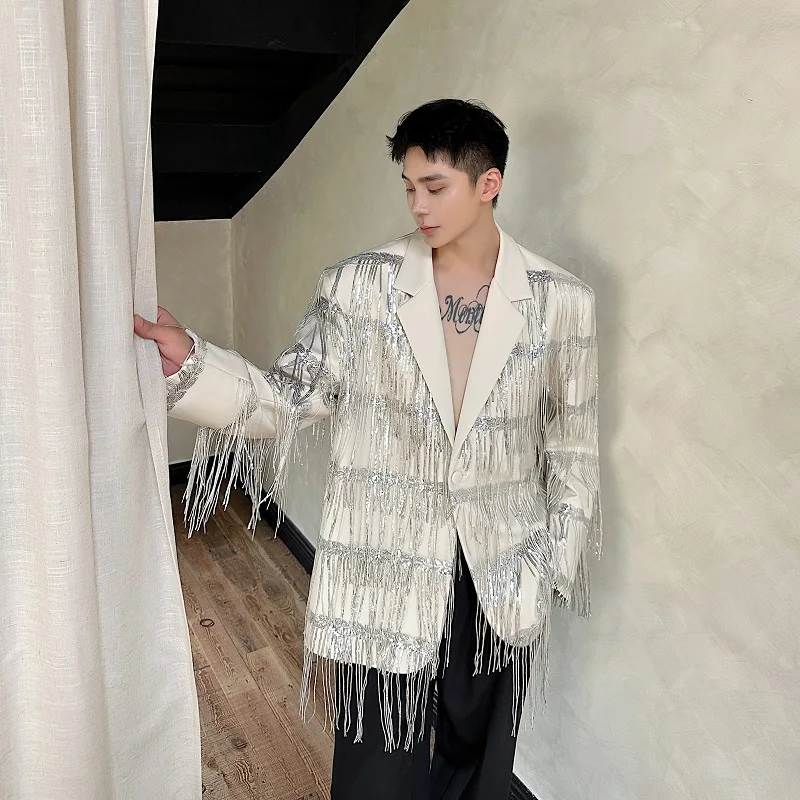 Chic Men\'s Blazer Jackets Glitter Tassel Fashion Oversized Suit Coat Stage Dance Singer Magician Party Personal Clothing