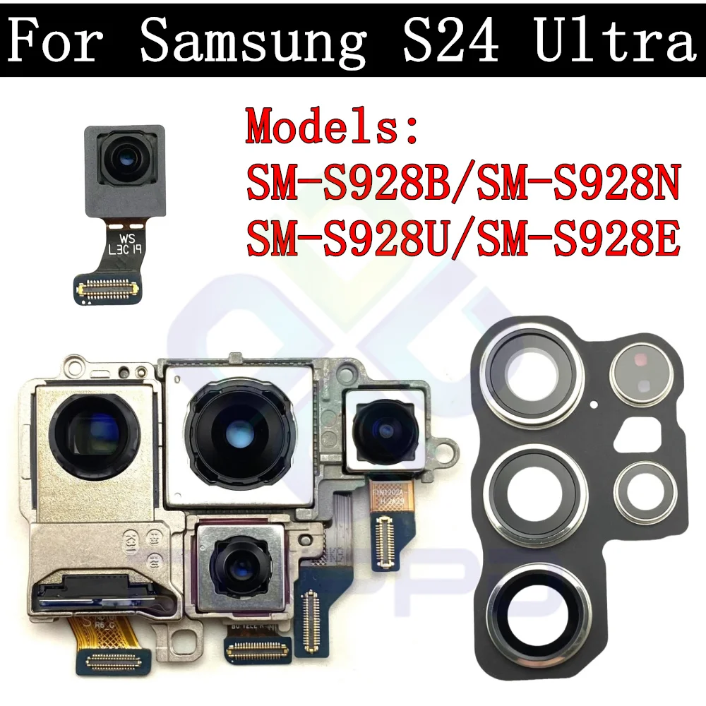 Rear Camera For Samsung Galaxy S24 Ultra SM-S928 Front Selfie Small Facing Main Wide Back Camera Module Flex Frame Glass Lens