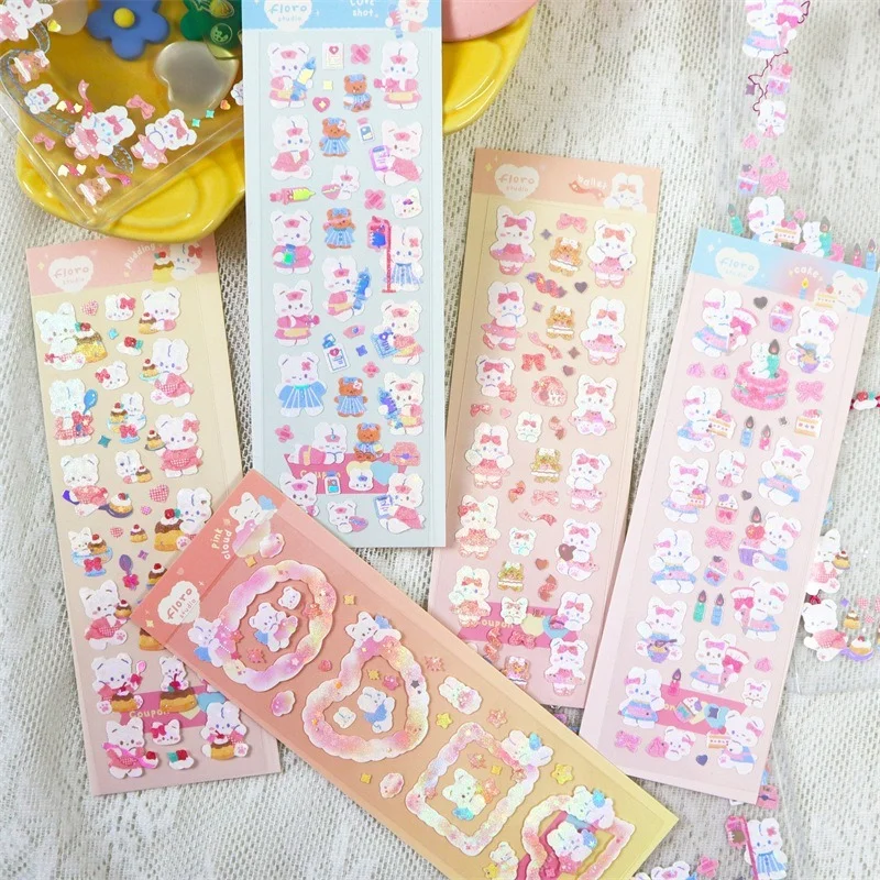 Korean Ins Laser Hot Silver Planner Sticker Cute Rabbit Animal Hand Account Stickers DIY Decorative Material