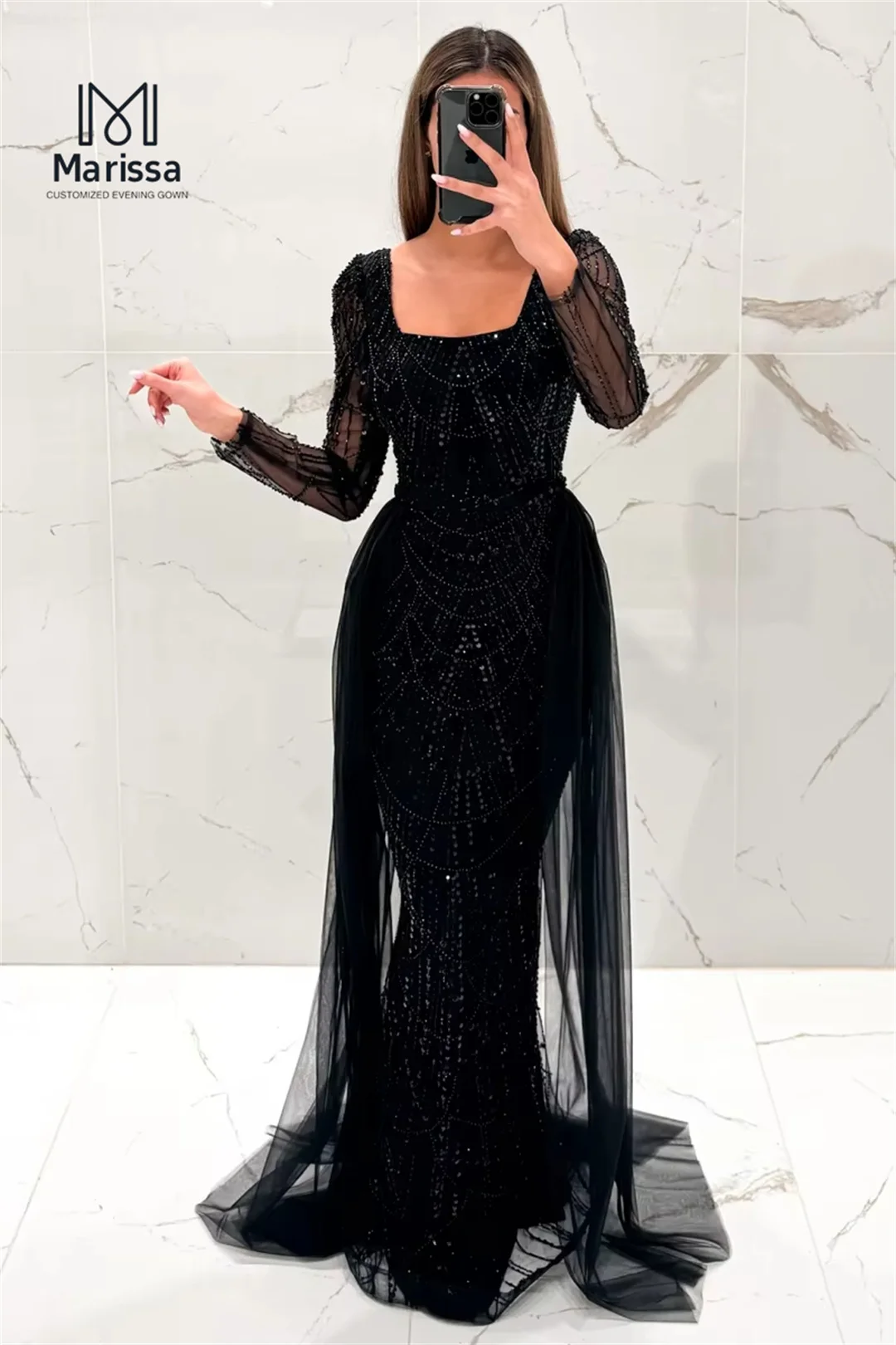 マリッサ ロング フィッシュテール パーティードレス ウェディングドレス カスタムメイド スパンコール ビーズ 刺繍 プロムガウン スクエアネック ロングスリーブ