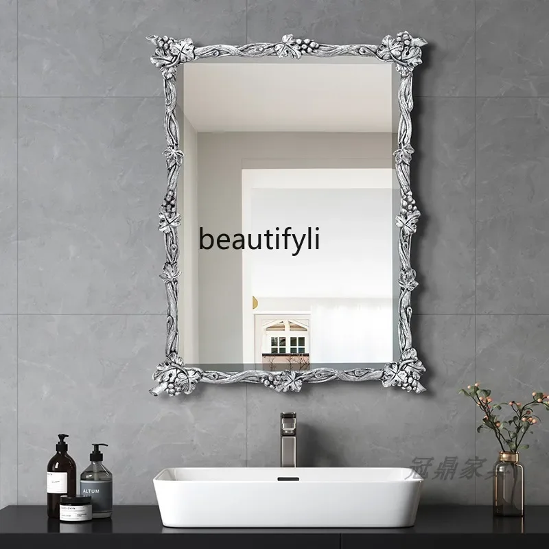 Vintage Style Carved French Bathroom Mirror Square Vanity Mirror Home Wall-Mounted Decorative Mirror