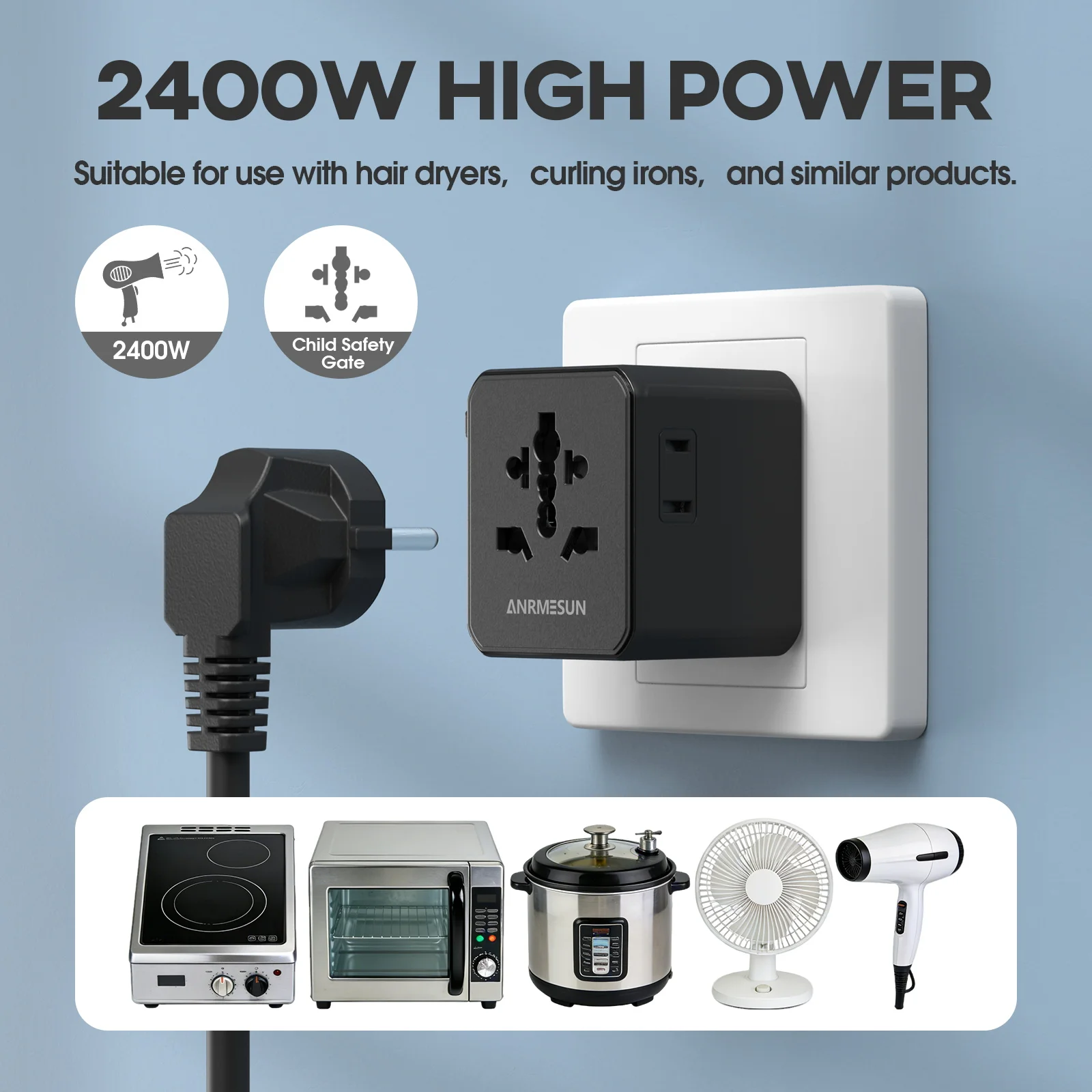 ANRMESUN Universal Travel Adapter with 2 USB Ports 2Type-C PD Charging All-in-one Travel Adapter EU/UK/USA/AUS Plug for Travel