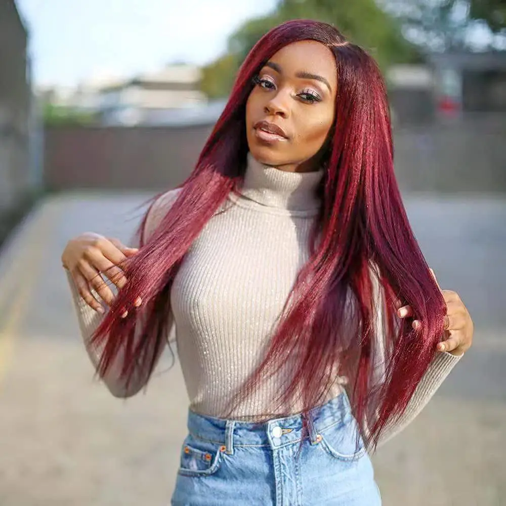 

30Inch Pre Plucked Kinky Straight 99j# Human Hair Wig 13*4 HD Lace 200% Density Bleached Knots Baby Hair Around Natural Hairline