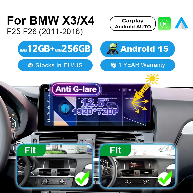 12.5” Wireless Carpaly Autoradio For BMW X3 F25 X4 F26 2011-2016 CIC NBT 1920*720P Screen Android 15 Car Radio Stereo Bluetooth Navigation Intelligent System Multimedia Player 2 DIN
