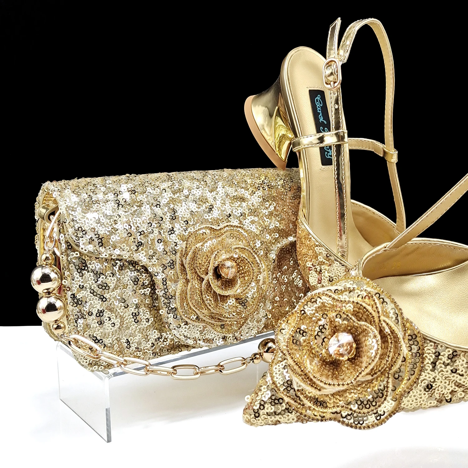 QSGFC Shiny Gold Color Shoes and Bag Elegant Handbags and Medium Heel Shoes Beautiful Handmade Flowers For Wedding Party