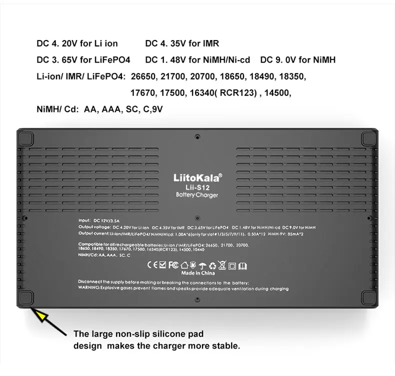 LiitoKala Lii-S12 Smart Charger 12 Slot LCD Auto Polarity 0V Activation 18650 21700 26650 Li-ion LiFePO4 NiMH AA AAA 9V 12V 4A