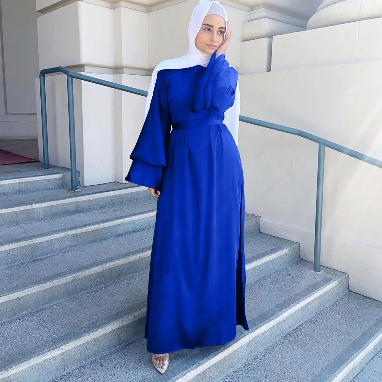 Women Islam Clothing Ramadan Eid Satin Hijab Dress Dubai Abaya Turkey Summer Flare Sleeve Muslim Fashion Maxi Dresses for Kaftan