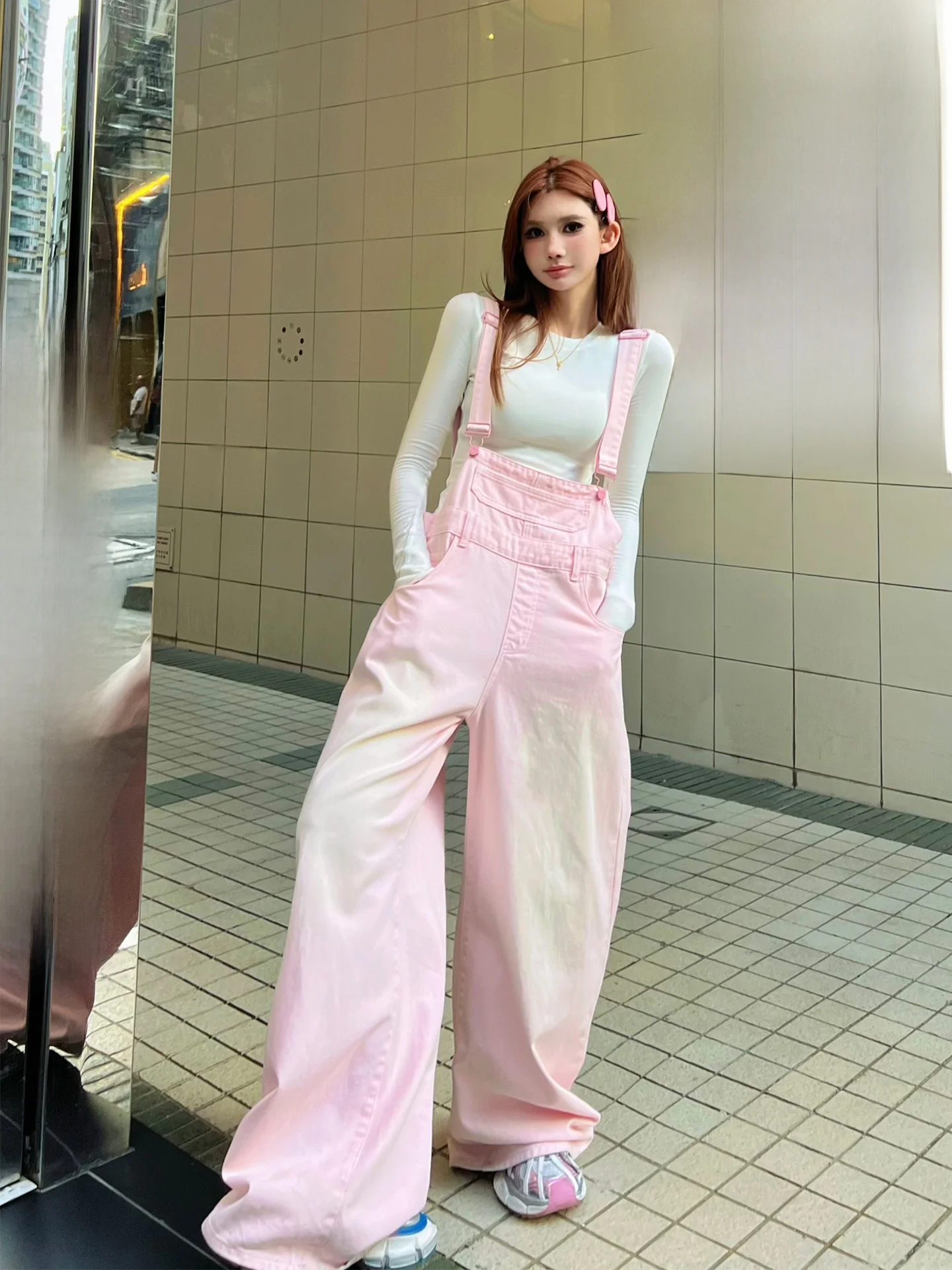 

Модные ретро-джинсы с широкими штанинами, длиной до пола, розовые, универсальные, повседневные, с эффектом окрашивания и отбеливания, уличный стиль, средняя талия, длинные брюки