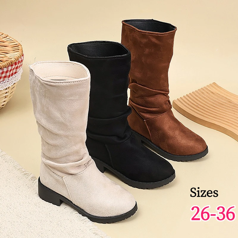 Botas de media pantorrilla para niñas, calzado de montar beige de caña alta para todas las estaciones, para niñas de 3 a 18 años
