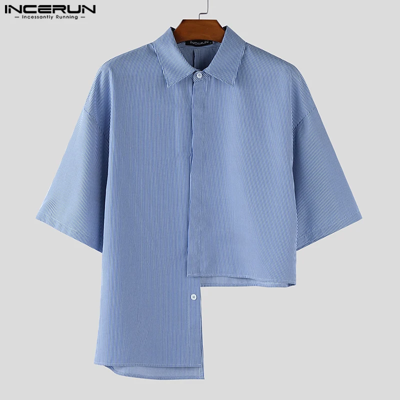 

INCERUN Men Irregular Shirt Striped Lapel Short Sleeve Button Casual Men Clothing Summer Streetwear 2025 Fashion Male Shirts