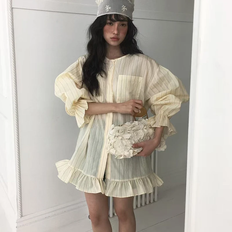 

Стильная полосатая длинная рубашка с карманом, женская свободная блузка с расклешенными длинными рукавами, повседневный офисный топ с рюшами, элегантный желтый топ