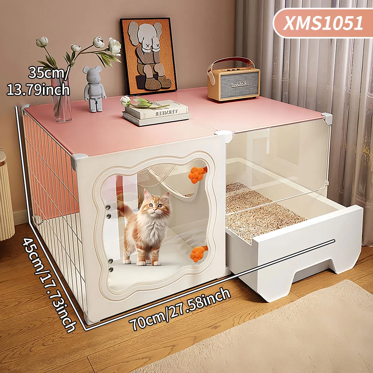 Caja de arena y jaula integradas para gatos, recinto para mascotas domésticas con caja de arena extraíble, casa para gatos transparente a prueba de salpicaduras, jaula para gatos ensamblable que ahorra espacio para gat