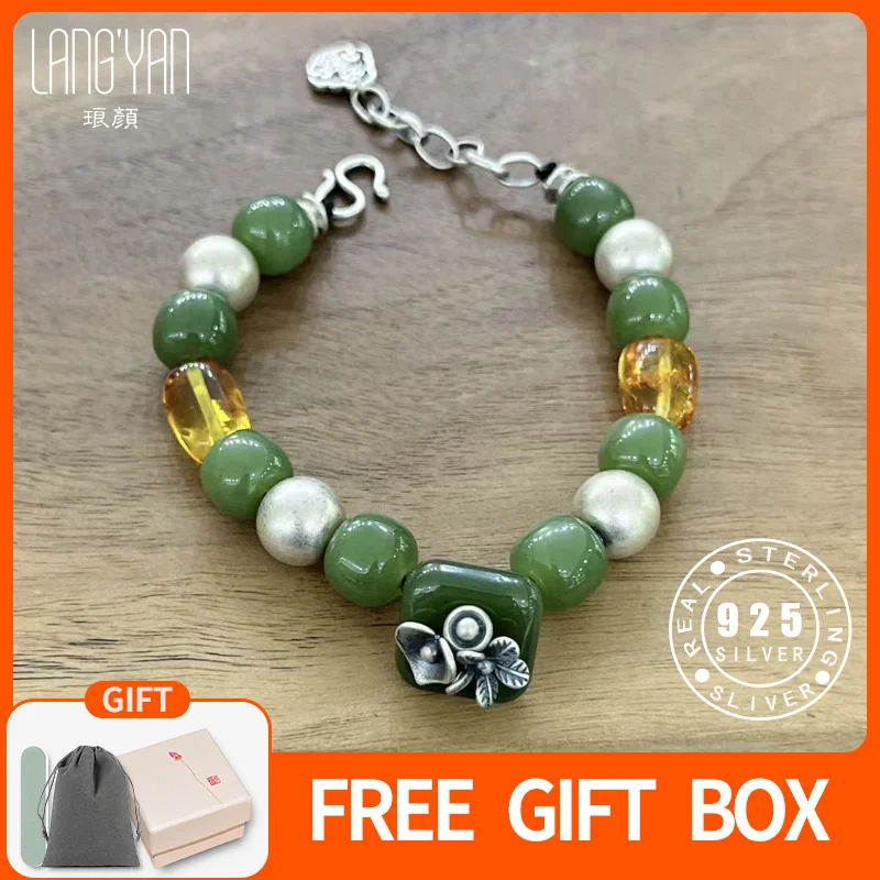 

Langyan браслет ручной работы из нефритовых янтарных бусин для женщин в китайском стиле, винтажные ювелирные изделия из стерлингового серебра 925 пробы, новогодний счастливый подарок SL223