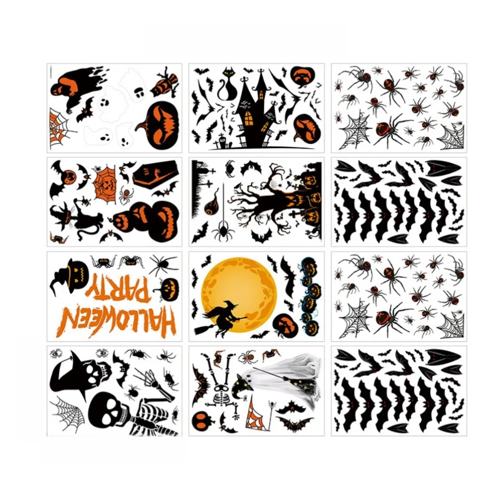 12Pcs Halloween Removable Window Stickers Pumpkin New Pattern Static Glass Decals Reusable Door Wall Festival Home Party Decor