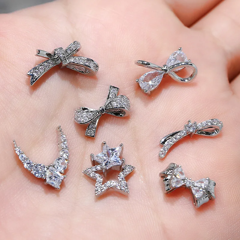 2PCS Luxury Zircon Silver Ribbon Bow 3D Nail Art Charms Glitter Pearl Star Moon Pendant Rhinestones Decor Manicure Accessories