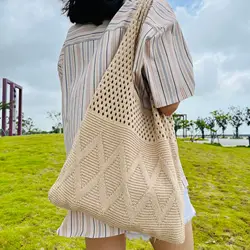 New Knitted Handbags Female Large Capacity Totes Women'S Pack Summer Beach Bag Big Purses Casual Hollow Woven Shoulder Bags