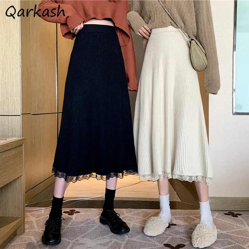 

Вязаная юбка-миди для женщин с высокой талией, осенняя кружевная лоскутная юбка трапециевидной формы, винтажная корейская модная одежда Faldas Y2k, универсальная