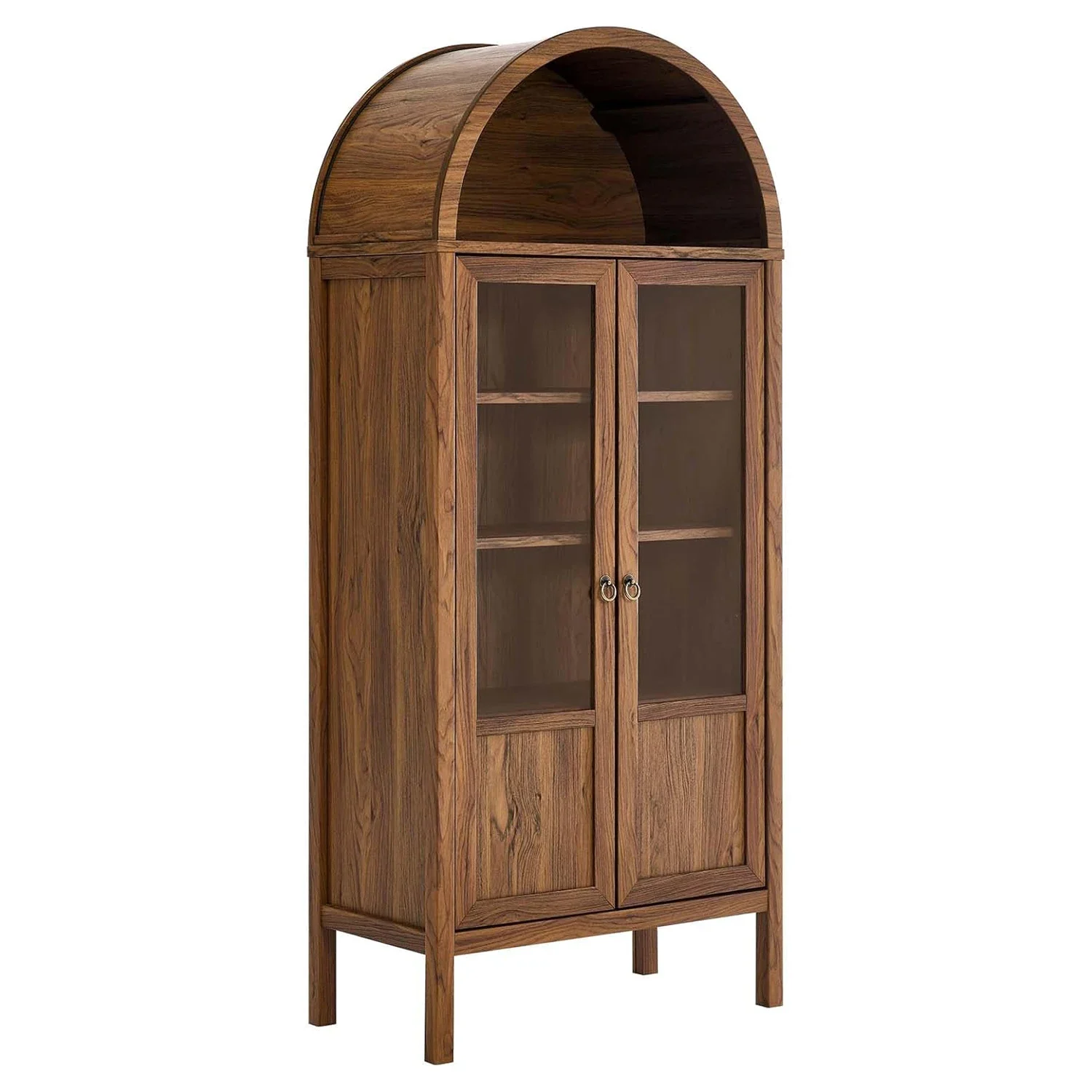 -Mid-Century Farmhouse Walnut High Arched Sideboard 4 Tier Adjustable Shelf Storage Display Cabinet With Glass Doors