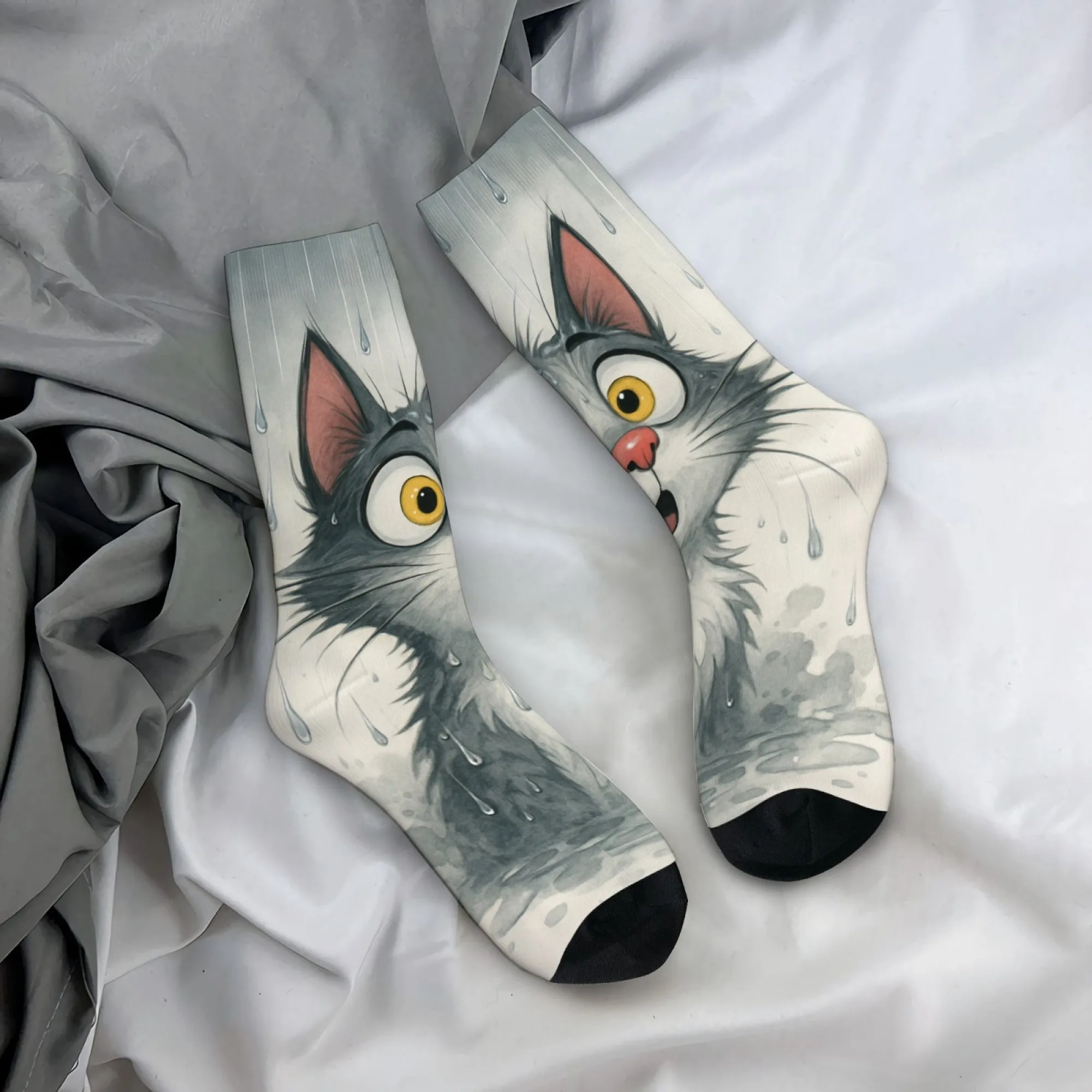 

Unisex Cartoon Wet Cat Print Mid-calf Socks Adorable and Exaggerated Gray Cat Image Quirky and Fun Style Gift for Cat Lovers