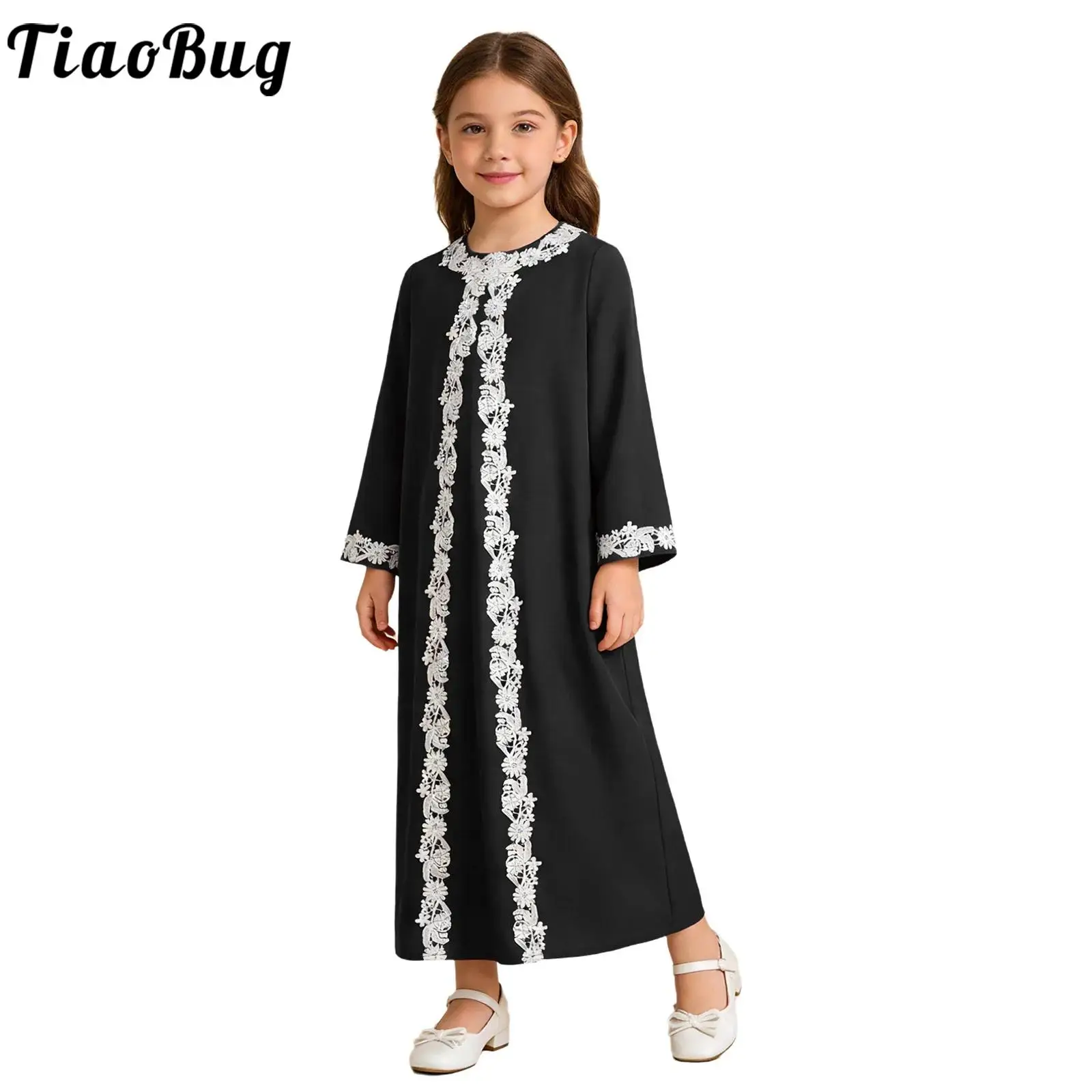 

Kids Girls Embroidered Lace Muslim Robe Casual Daily Muslim Clothes Maxi Dress Round Neck Long Sleeve Zipper Loose Abaya Dress