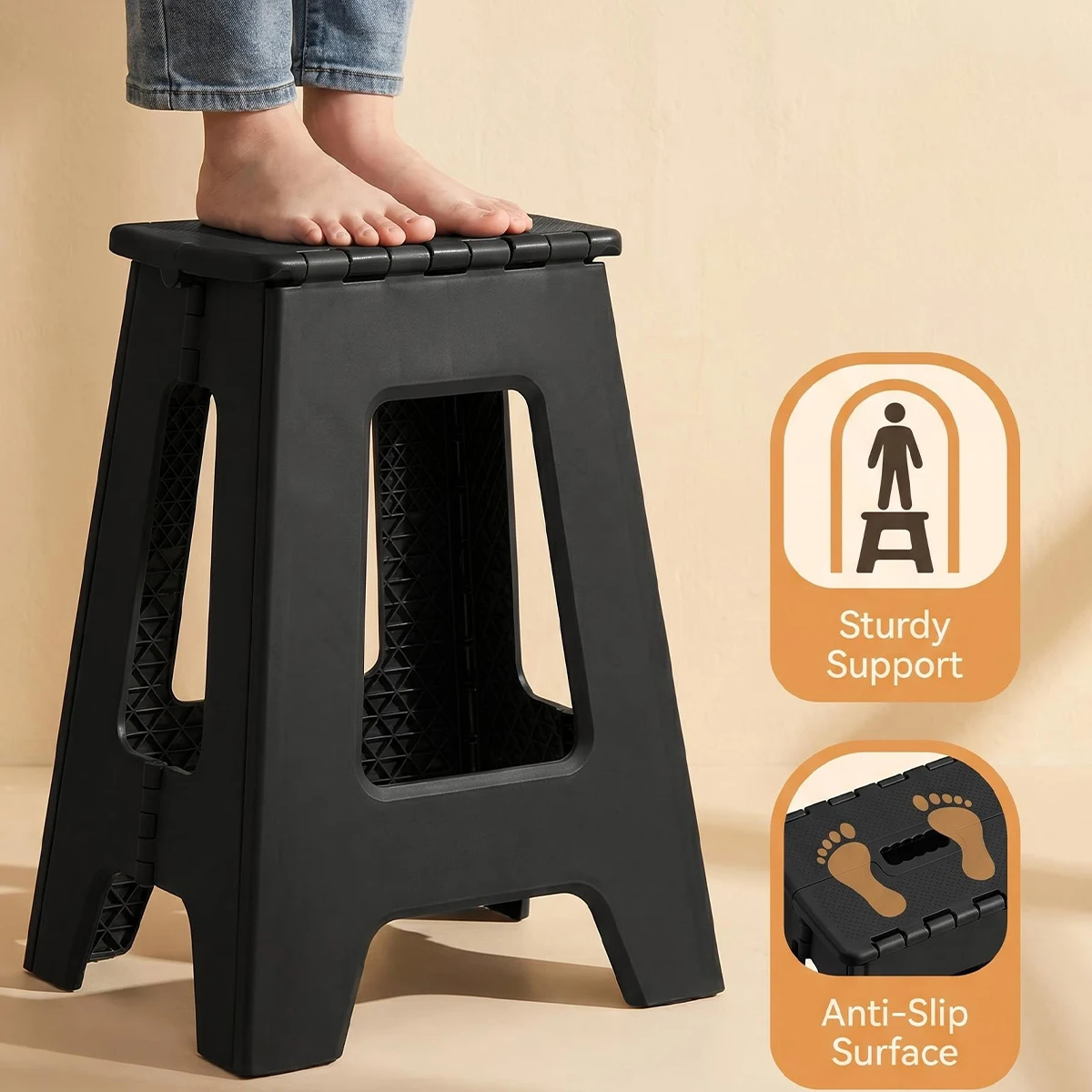 Foldable Stool Chair, 17.5inch Tall Folding Seat , Plastic Foldable Stool for Sitting, Portable Compact Folding Chair for Home Outdoor Camping, Black image 6